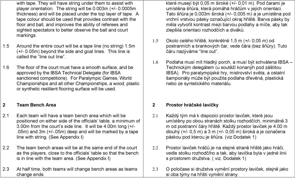 5 Around the entire court will be a tape line (no string) 1.5m (+/- 0.05m) beyond the side and goal lines. This line is called the line out line. 1.6 The floor of the court must have a smooth surface, and be approved by the IBSA Technical Delegate (for IBSA sanctioned competitions).