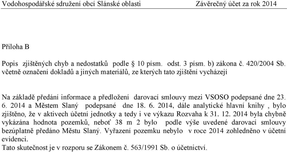 2014 a Městem Slaný podepsané dne 18. 6. 2014, dále analytické hlavní knihy, bylo zjištěno, že v aktivech účetní jednotky a tedy i ve výkazu Rozvaha k 31. 12.