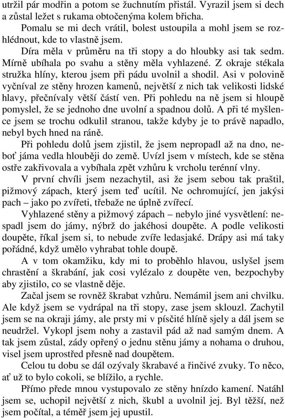 Z okraje stékala stružka hlíny, kterou jsem při pádu uvolnil a shodil. Asi v polovině vyčníval ze stěny hrozen kamenů, největší z nich tak velikosti lidské hlavy, přečnívaly větší částí ven.