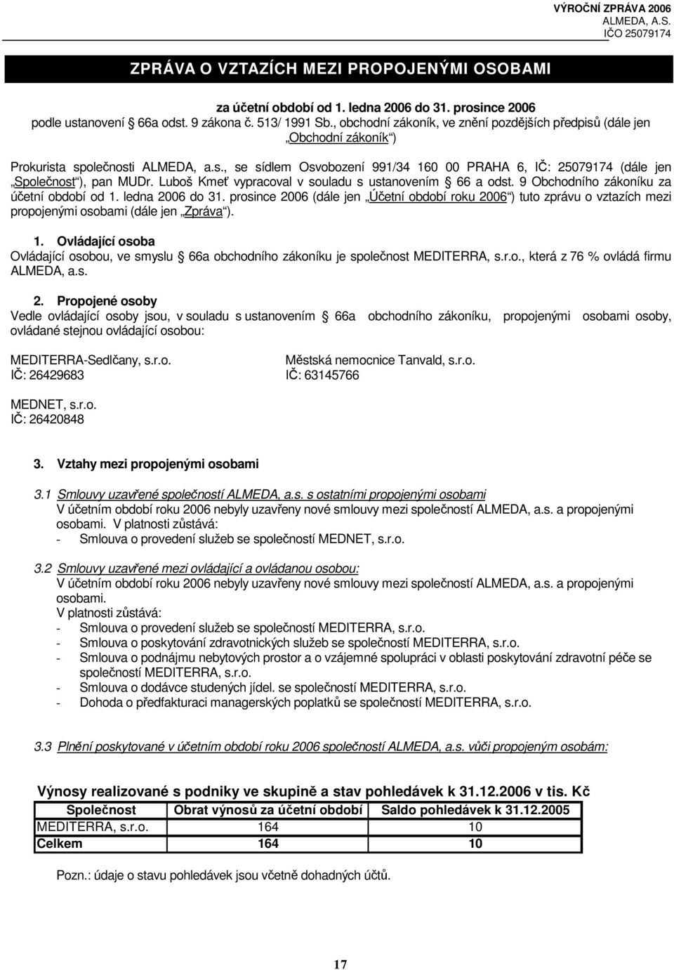 Luboš Kmeť vypracoval v souladu s ustanovením 66 a odst. 9 Obchodního zákoníku za účetní období od 1. ledna 2006 do 31.