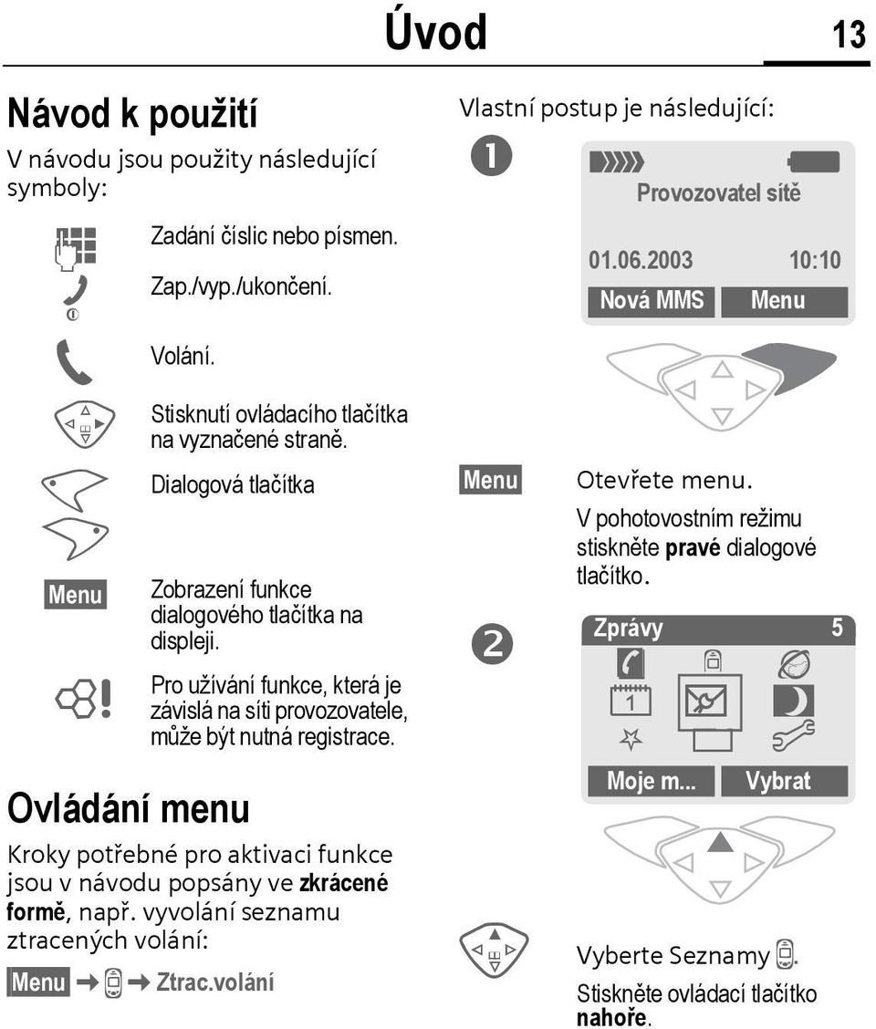 Dialogová tlačítka Zobrazení funkce dialogového tlačítka na displeji. Pro užívání funkce, která je závislá na síti provozovatele, může být nutná registrace.