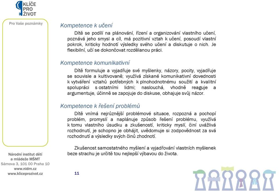 Kompetence komunikativní Dítě formuluje a vyjadřuje své myšlenky, názory, pocity, vyjadřuje se souvisle a kultivovaně; využívá získané komunikativní dovednosti k vytváření vztahů potřebných k