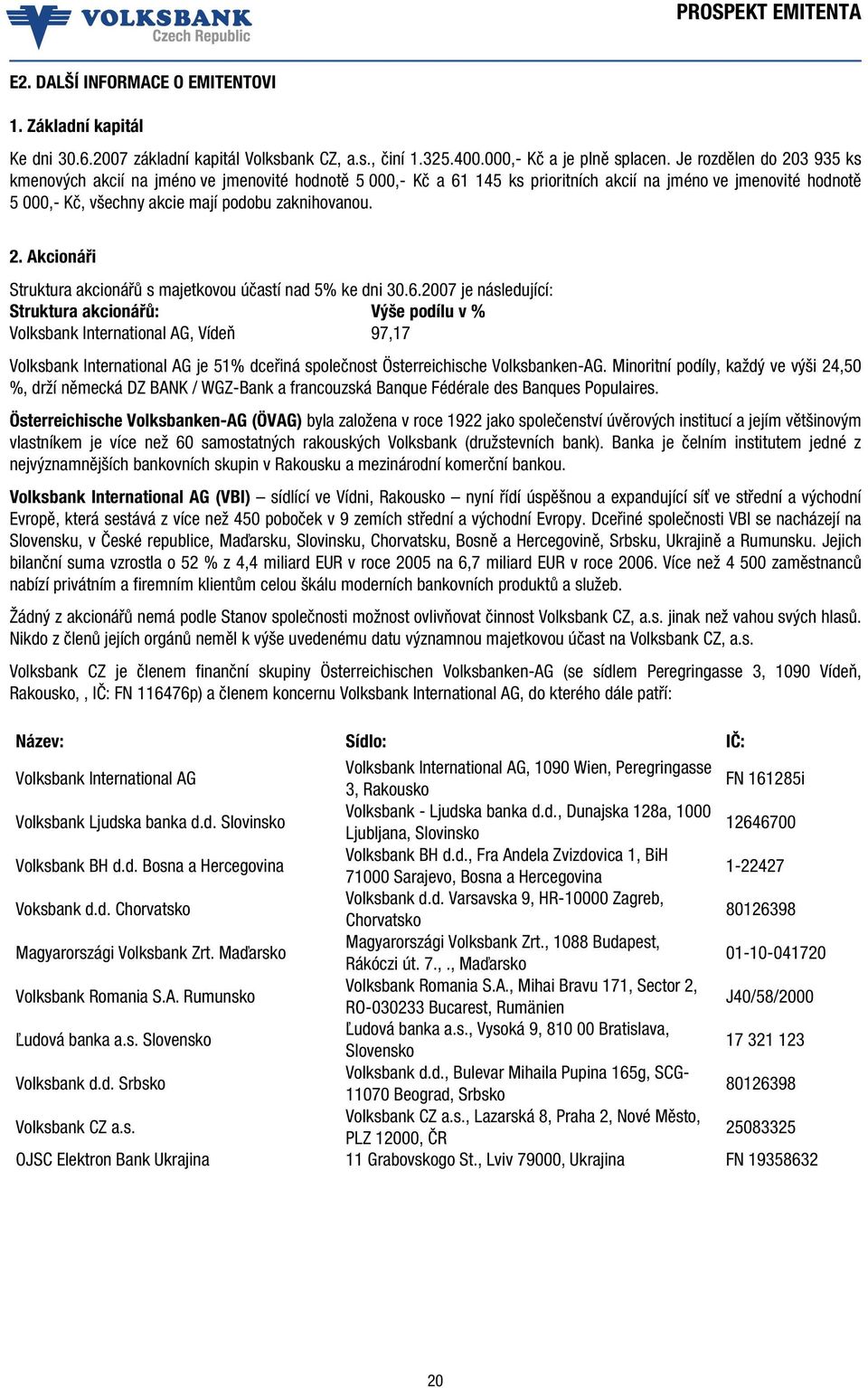 6.2007 je následující: Struktura akcionářů: Výše podílu v % Volksbank International AG, Vídeň 97,17 Volksbank International AG je 51% dceřiná společnost Österreichische Volksbanken-AG.