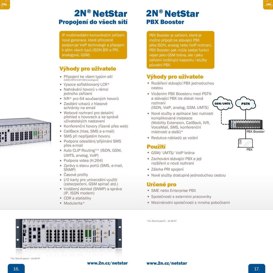 Připojení ke všem typům sítí (GSM/UMTS/VoIP/ISDN/analogové) Vysoce sofistikovaný LCR* Nahrávání hovorů v rámci jednoho zařízení IVR* pro 64 současných hovorů Zasílání vzkazů z hlasové schránky na