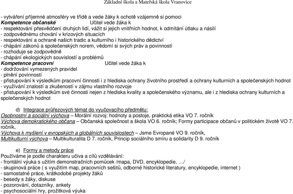 svých práv a povinností - rozhoduje se zodpovědně - chápání ekologických souvislostí a problémů Kompetence pracovní Učitel vede žáka k - dodržování vymezených pravidel - plnění povinností -