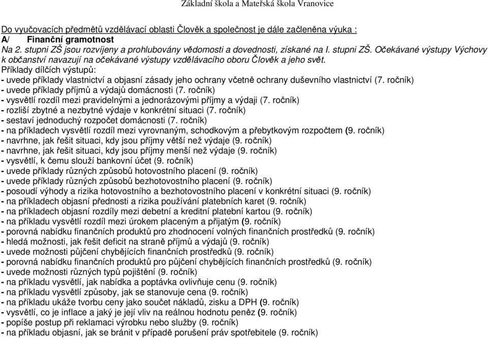 Příklady dílčích výstupů: - uvede příklady vlastnictví a objasní zásady jeho ochrany včetně ochrany duševního vlastnictví (7. ročník) - uvede příklady příjmů a výdajů domácnosti (7.