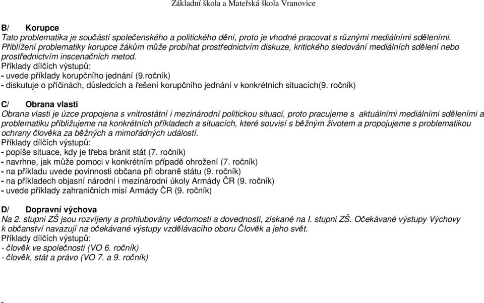 Příklady dílčích výstupů: - uvede příklady korupčního jednání (9.ročník) - diskutuje o příčinách, důsledcích a řešení korupčního jednání v konkrétních situacích(9.