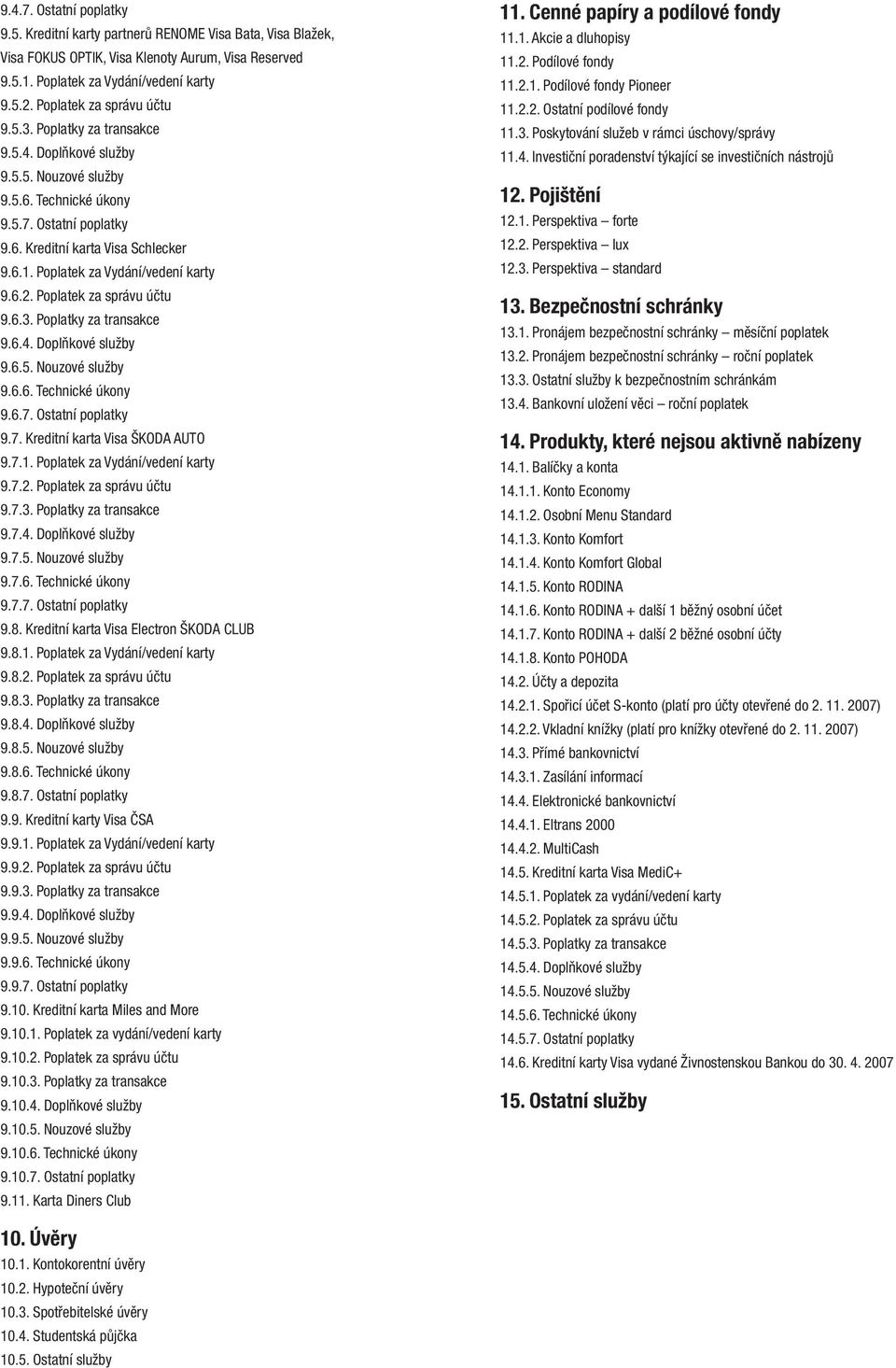 Poplatek za Vydání/vedení karty 9.6.2. Poplatek za správu účtu 9.6.3. Poplatky za transakce 9.6.4. Doplňkové služby 9.6.5. Nouzové služby 9.6.6. Technické úkony 9.6.7.