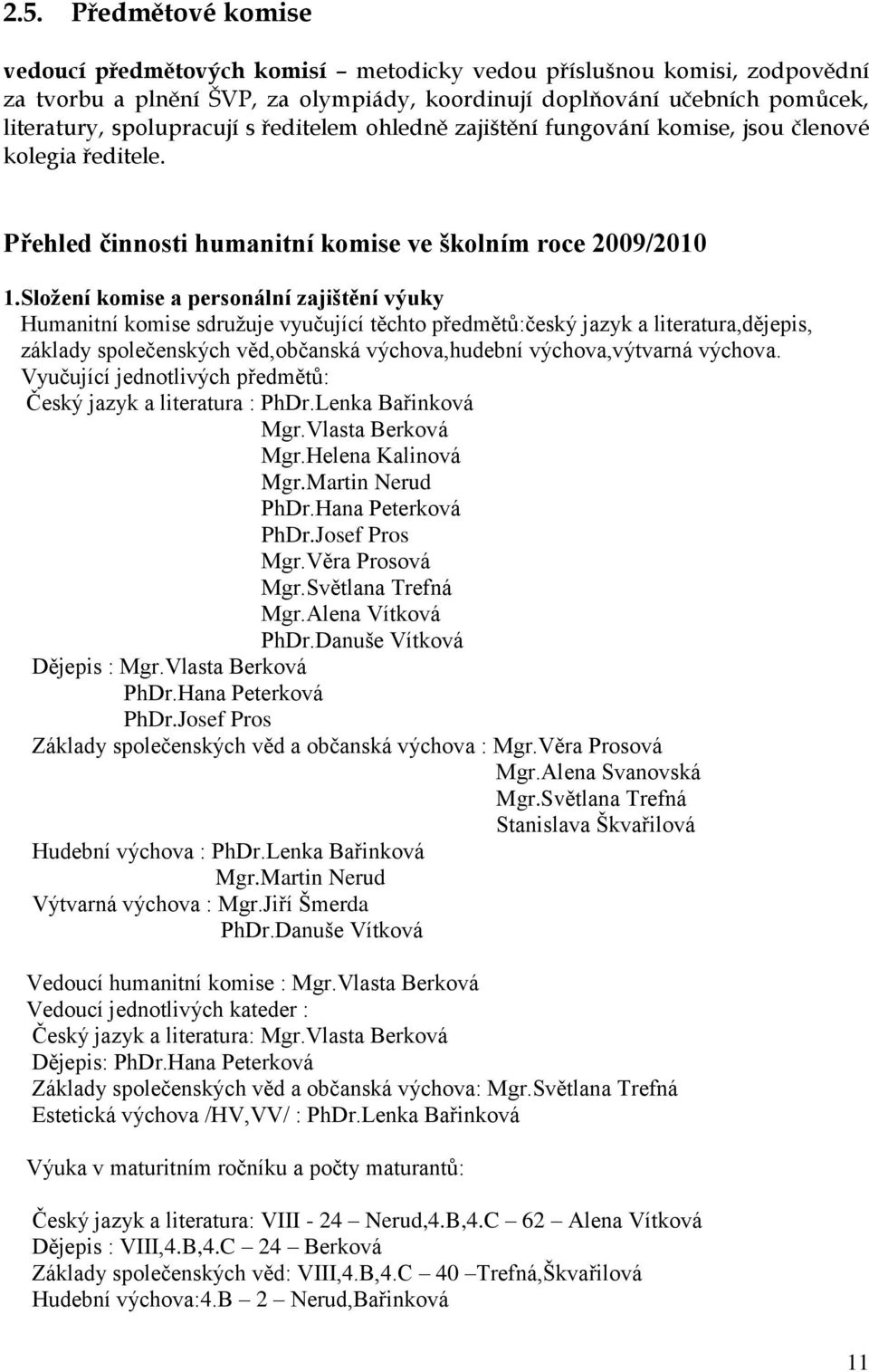 Složení komise a personální zajištění výuky Humanitní komise sdruţuje vyučující těchto předmětů:český jazyk a literatura,dějepis, základy společenských věd,občanská výchova,hudební výchova,výtvarná