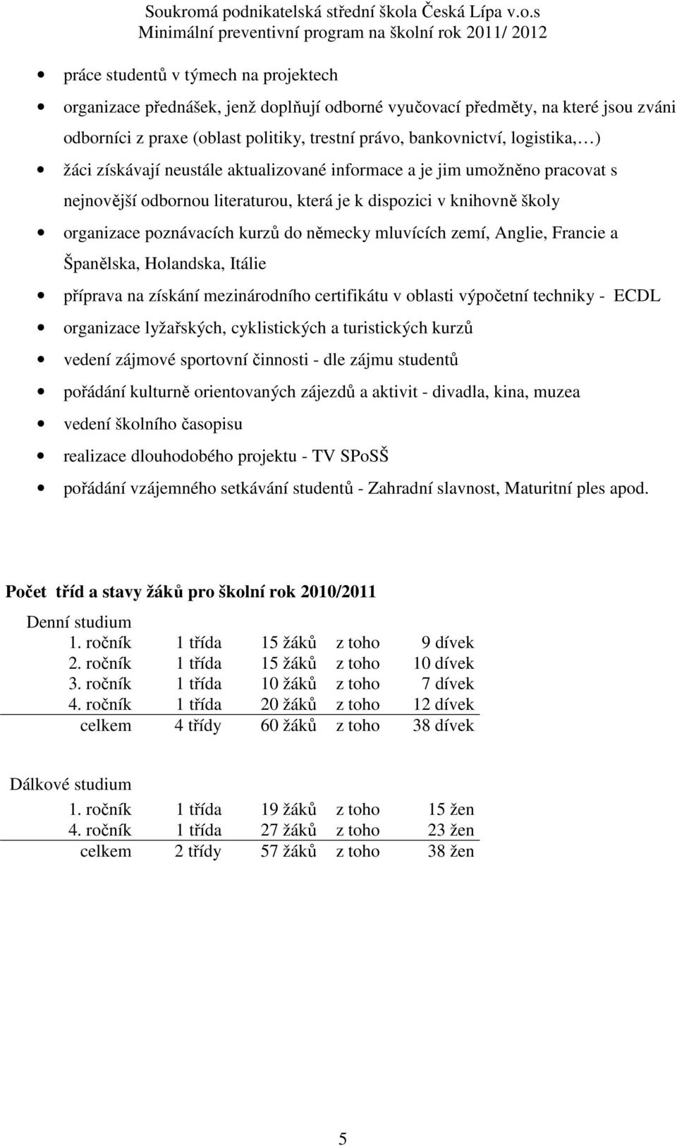 zemí, Anglie, Francie a Španělska, Holandska, Itálie příprava na získání mezinárodního certifikátu v oblasti výpočetní techniky - ECDL organizace lyžařských, cyklistických a turistických kurzů vedení