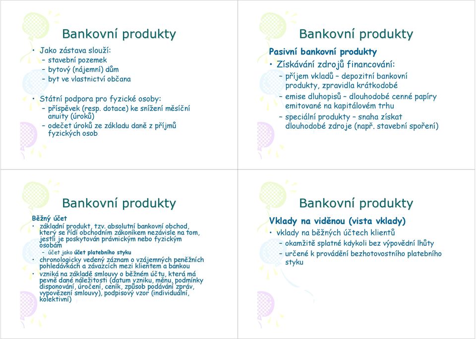 Pasivní bankovní produkty Získávání zdrojů financování: příjem vkladů depozitní bankovní produkty, zpravidla krátkodobé emise dluhopisů dlouhodobé cenné papíry emitované na kapitálovém trhu speciální