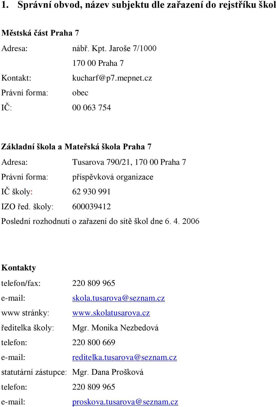 řed. školy: 600039412 Poslední rozhodnutí o zařazení do sítě škol dne 6. 4. 2006 Kontakty telefon/fax: 220 809 965 e-mail: skola.tusarova@seznam.cz www stránky: www.skolatusarova.