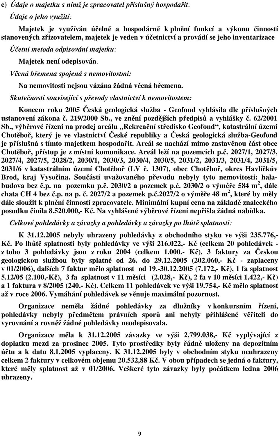 Skutečnosti související s převody vlastnictví k nemovitostem: Koncem roku 2005 Česká geologická služba - Geofond vyhlásila dle příslušných ustanovení zákona č. 219/2000 Sb.