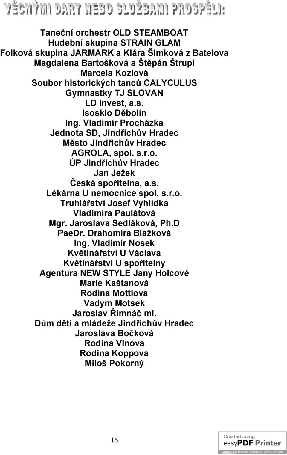 s. Lékárna U nemocnice spol. s.r.o. Truhlářství Josef Vyhlídka Vladimíra Paulátová Mgr. Jaroslava Sedláková, Ph.D PaeDr. Drahomíra Blažková Ing.