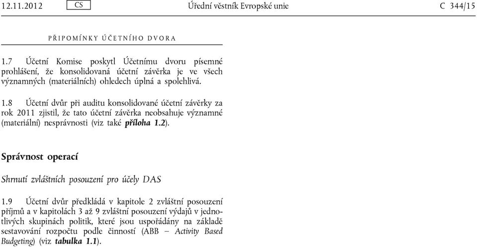 8 Účetní dvůr při auditu konsolidované účetní závěrky za rok 2011 zjistil, že tato účetní závěrka neobsahuje významné (materiální) nesprávnosti (viz také příloha 1.2).