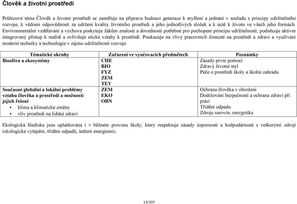 Environmentální vzdělávání a výchova poskytuje žákům znalosti a dovednosti potřebné pro pochopení principu udržitelnosti, podněcuje aktivní integrovaný přístup k realitě a ovlivňuje etické vztahy k