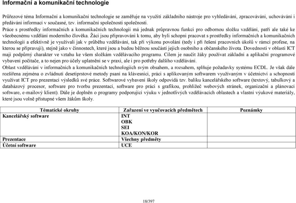 Práce s prostředky informačních a komunikačních technologií má jednak průpravnou funkci pro odbornou složku vzdělání, patří ale také ke všeobecnému vzdělání moderního člověka.