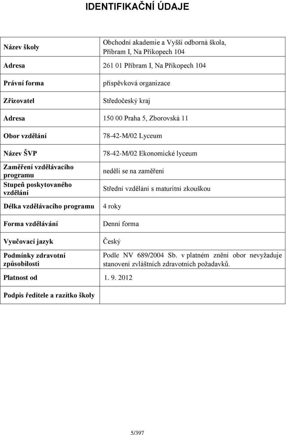 vzdělávacího programu Forma vzdělávání Vyučovací jazyk Podmínky zdravotní způsobilosti 78-42-M/02 Lyceum 78-42-M/02 Ekonomické lyceum nedělí se na zaměření Střední vzdělání s