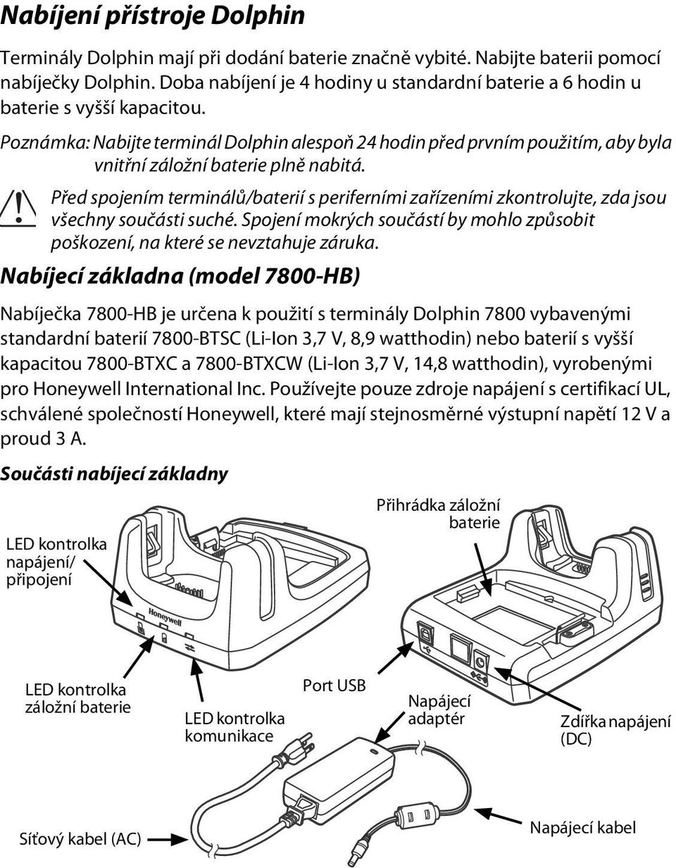 Poznámka: Nabijte terminál Dolphin alespoň 24 hodin před prvním použitím, aby byla vnitřní záložní baterie plně nabitá. Před spojením terminálů/baterií s periferními zařízeními zkontrolujte, zda jsou!