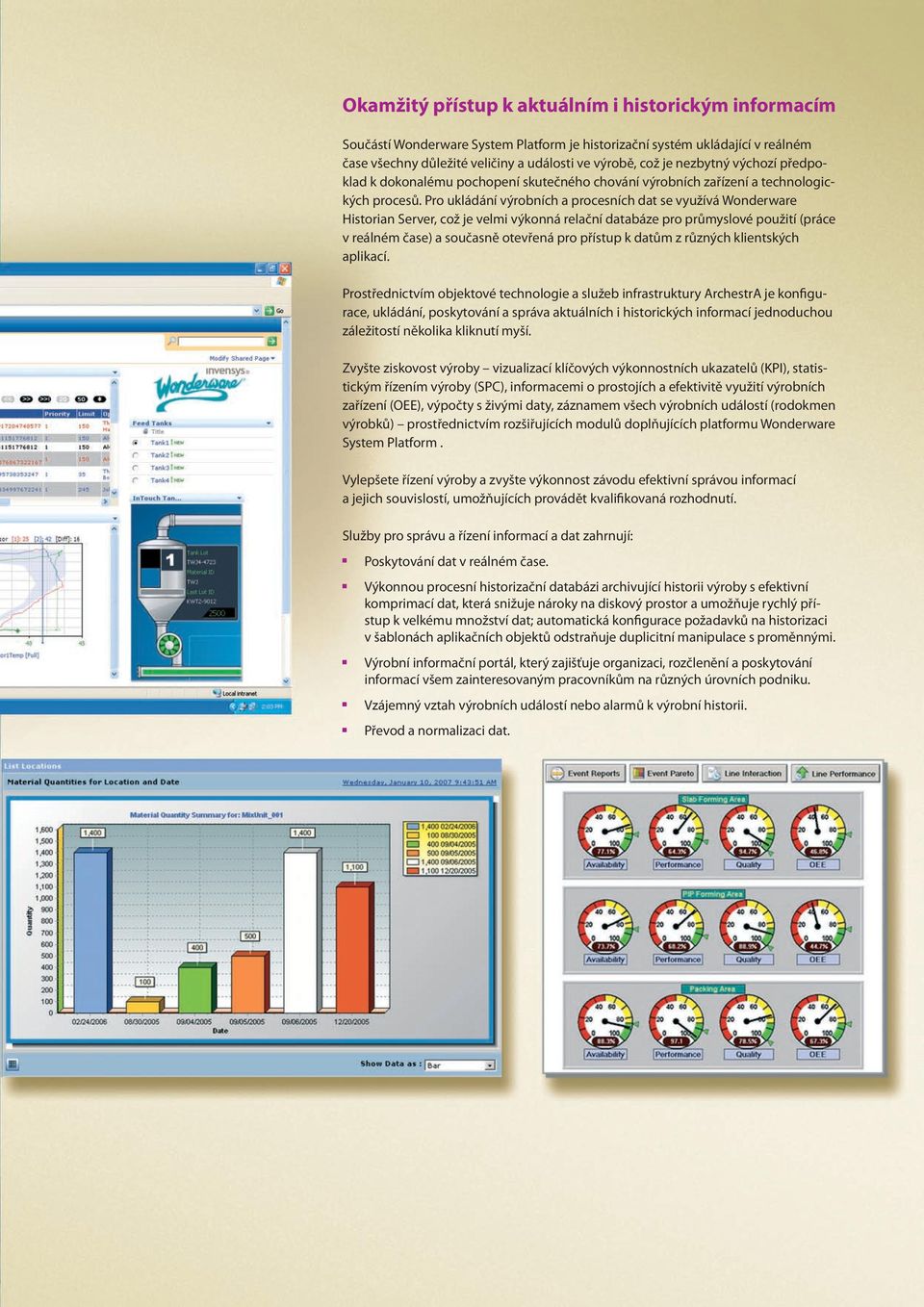 Pro ukládání výrobních a procesních dat se využívá Wonderware Historian Server, což je velmi výkonná relační databáze pro průmyslové použití (práce v reálném čase) a současně otevřená pro přístup k