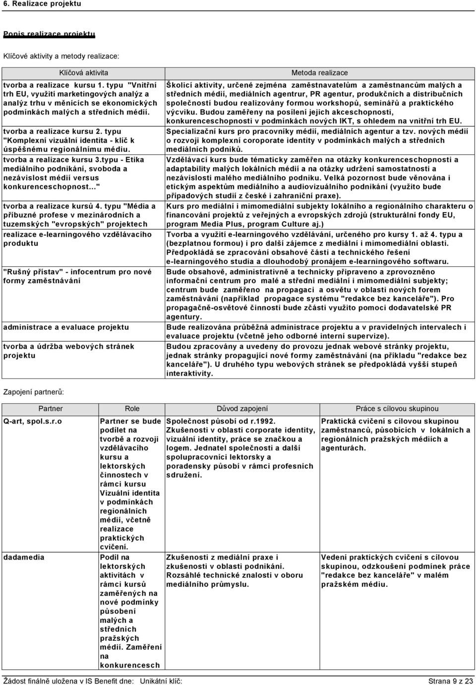 typu "Komplexní vizuální identita - klíč k úspěšnému regionálnímu médiu. tvorba a realizace kursu 3.typu - Etika mediálního podnikání, svoboda a nezávislost médií versus konkurenceschopnost.