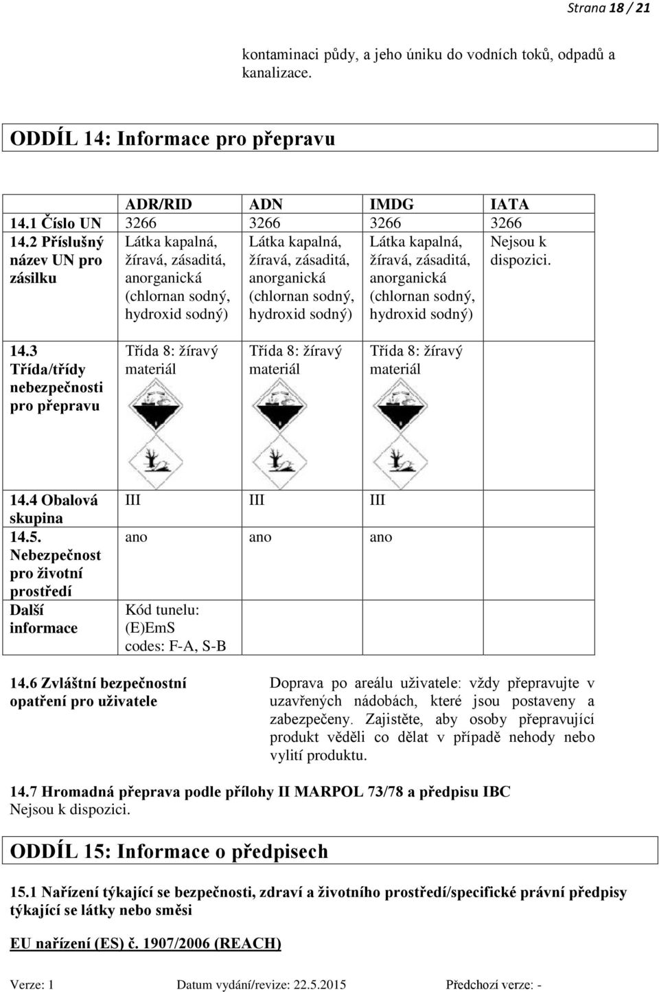 kapalná, žíravá, zásaditá, anorganická (chlornan sodný, hydroxid sodný) Nejsou k dispozici. 14.