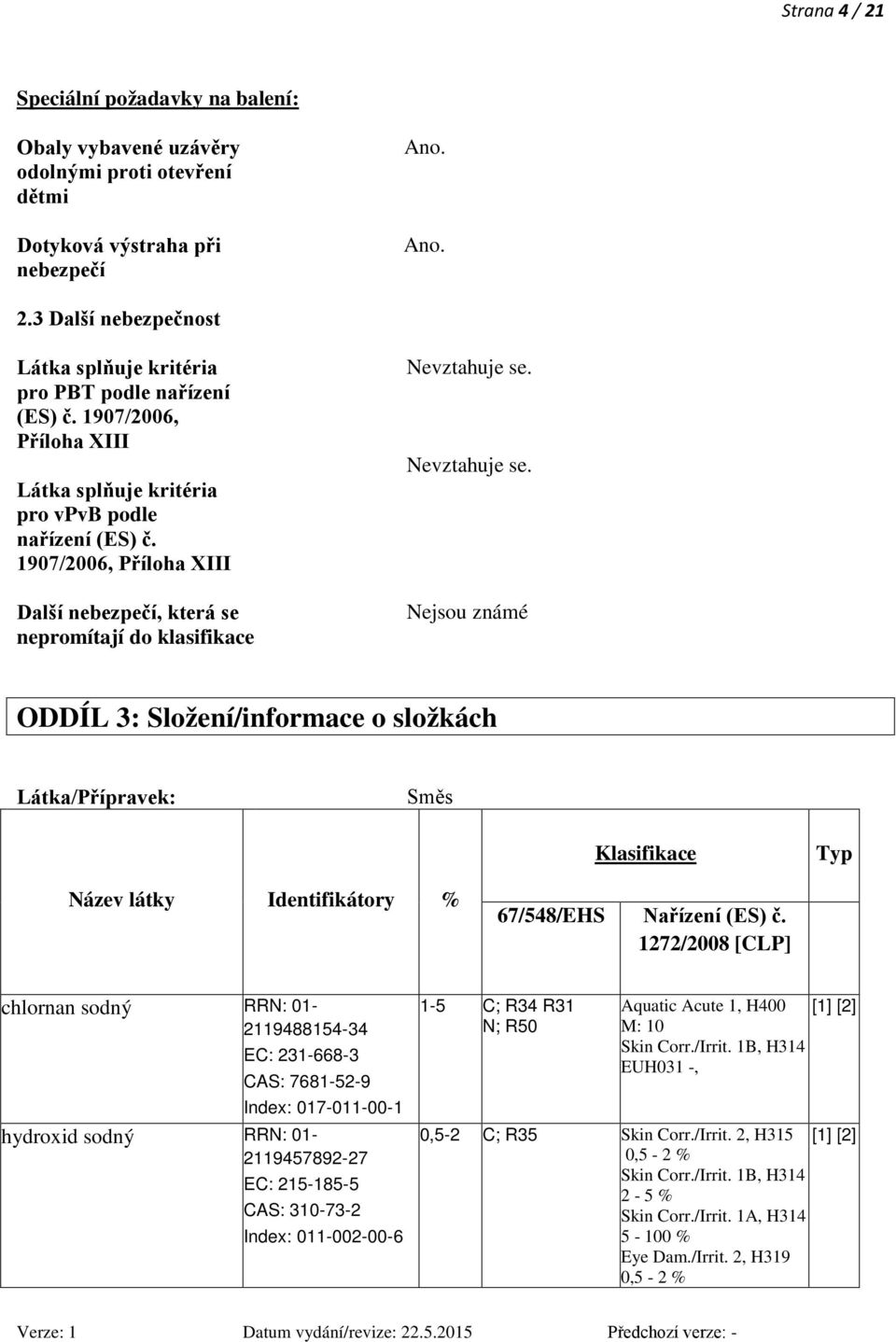 Nevztahuje se. Nejsou známé ODDÍL 3: Složení/informace o složkách Látka/Přípravek: Směs Klasifikace Typ Název látky Identifikátory % 67/548/EHS Nařízení (ES) č.