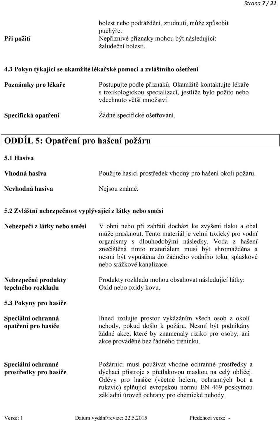 Okamžitě kontaktujte lékaře s toxikologickou specializací, jestliže bylo požito nebo vdechnuto větší množství. Žádné specifické ošetřování. ODDÍL 5: Opatření pro hašení požáru 5.