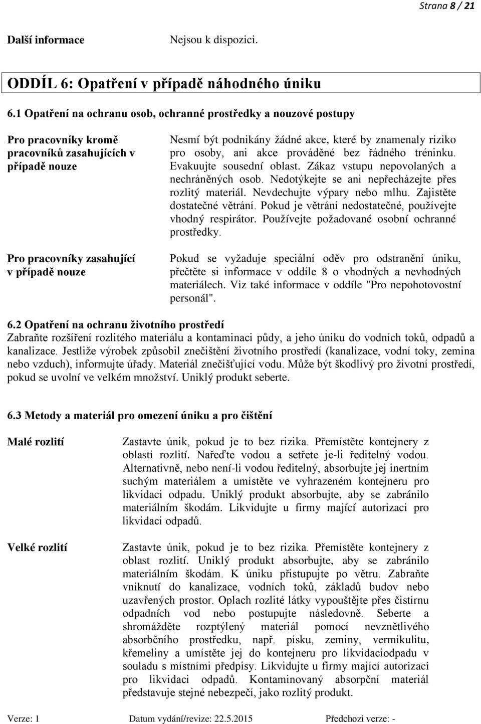 akce, které by znamenaly riziko pro osoby, ani akce prováděné bez řádného tréninku. Evakuujte sousední oblast. Zákaz vstupu nepovolaných a nechráněných osob.