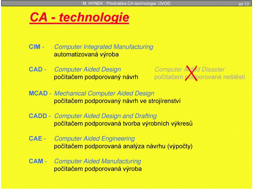 návrh počítačem podporované neštěstí MCAD - Mechanical Computer Aided Design počítačem podporovaný návrh ve strojírenství CADD - Computer