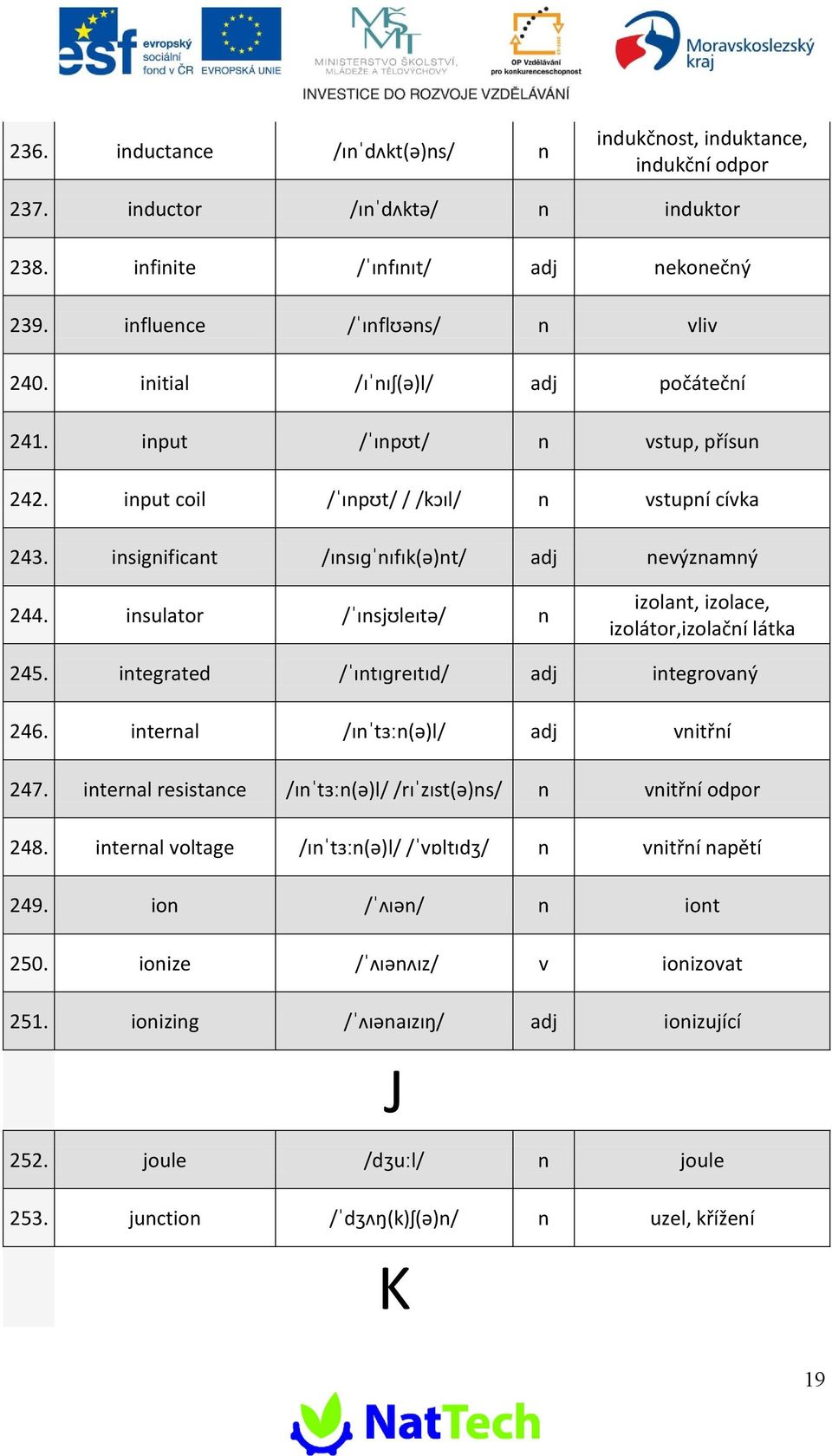 isulator /sjlet/ izolat, izolace, izolátor,izolačí látka 245. itegrated /tretd/ adj itegrovaý 246. iteral /t()l/ adj vitří 247.