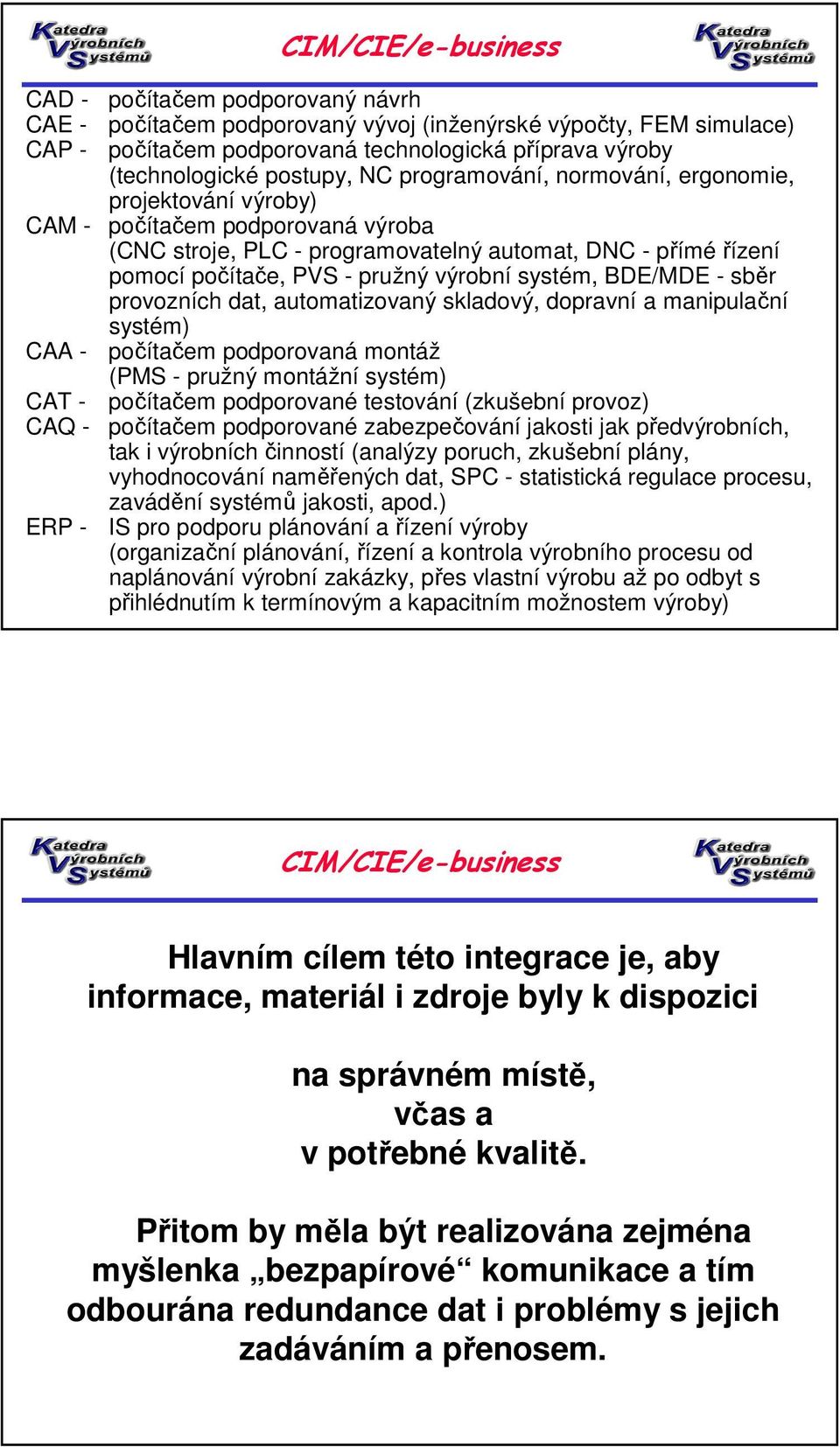 pružný výrobní systém, BDE/MDE - sběr provozních dat, automatizovaný skladový, dopravní a manipulační systém) počítačem podporovaná montáž (PMS - pružný montážní systém) počítačem podporované