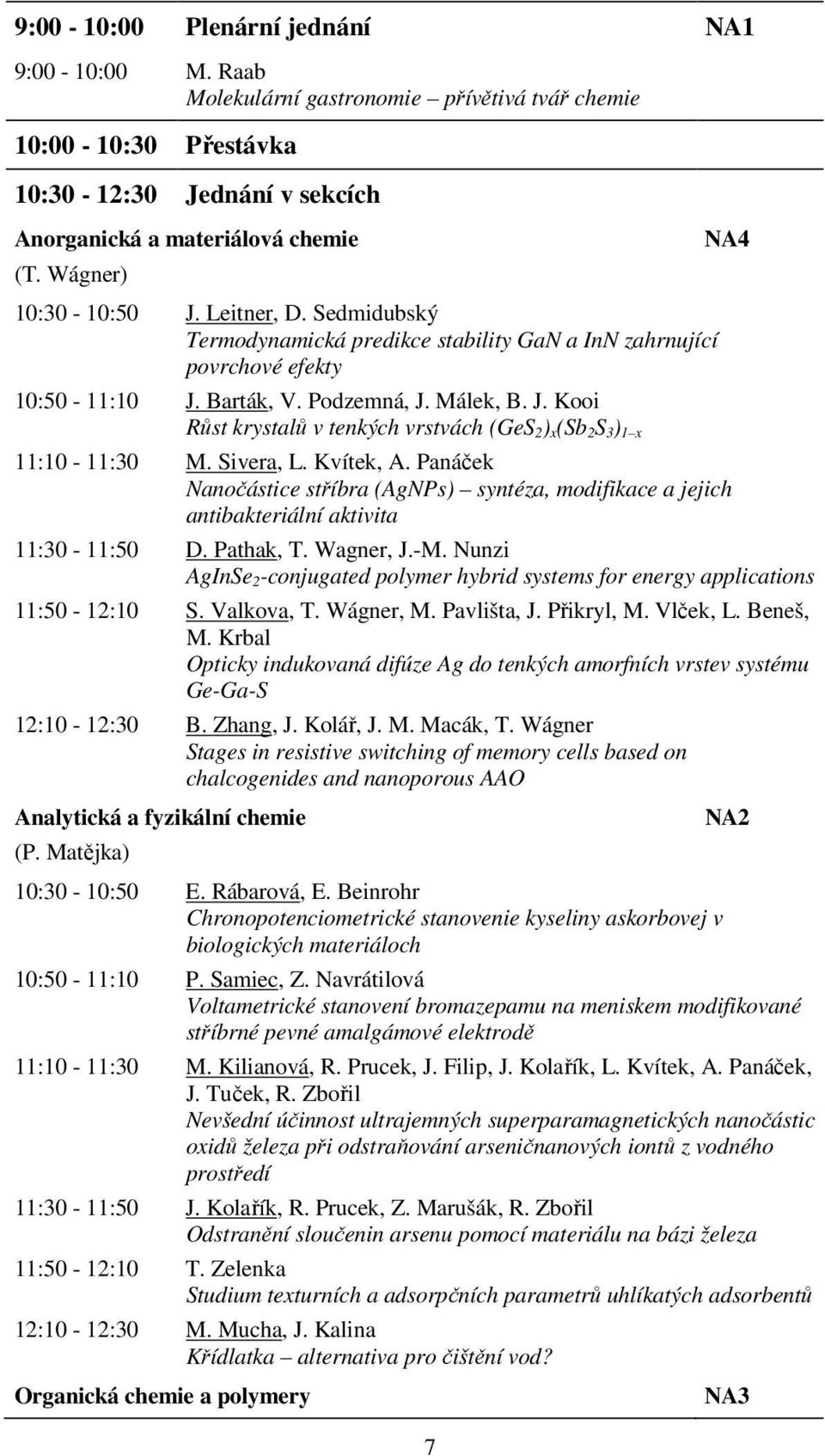 Sivera, L. Kvítek, A. Panáček Nanočástice stříbra (AgNPs) syntéza, modifikace a jejich antibakteriální aktivita 7 NA4 11:30-11:50 D. Pathak, T. Wagner, J.-M.