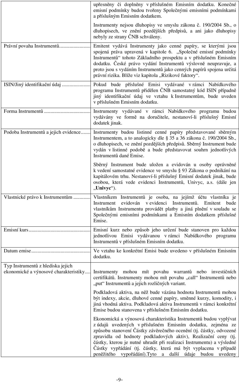 .. Emitent vydává Instrumenty jako cenné papíry, se kterými jsou spojená práva upravená v kapitole 6. Společné emisní podmínky Instrumentů tohoto Základního prospektu a v příslušném Emisním dodatku.