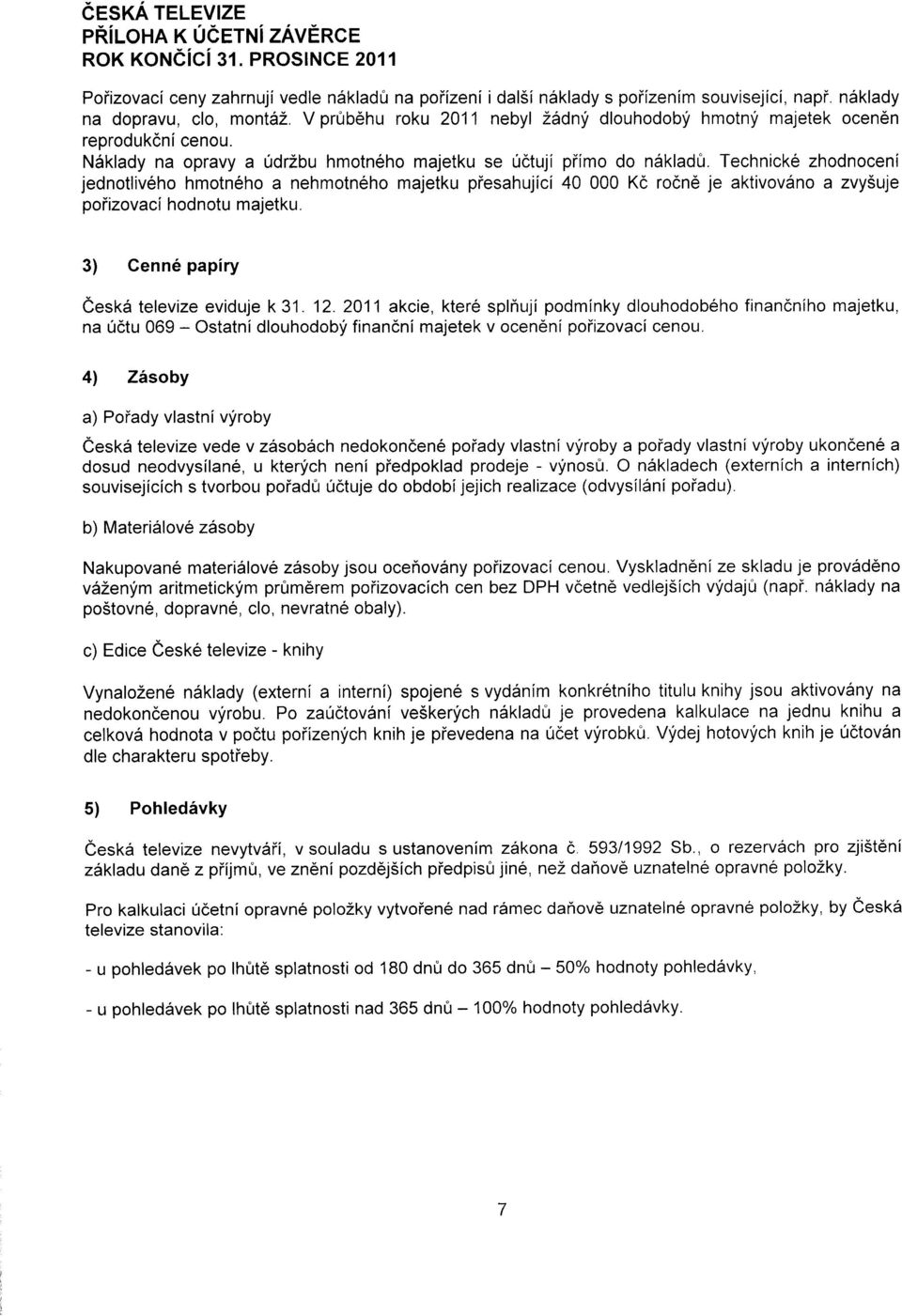 Technick6 zhodnoceni jednotliveho hmotn6ho a nehmotn6ho majetku piesahujici 40 000 Kc rocne je aktivovdno a zvy5uje poiizovaci hodnotu majetku. 3) Cenn6 papiry eeskii televize eviduje k 31. 12.