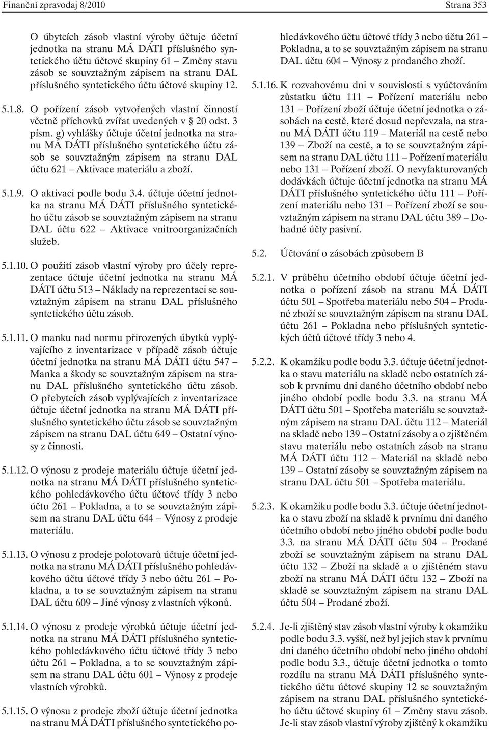 g) vyhlášky účtuje účetní jednotka na stranu MÁ DÁTI příslušného syntetického účtu zásob se souvztažným zápisem na stranu DAL účtu 621 Aktivace materiálu a zboží. 5.1.9. O aktivaci podle bodu 3.4.