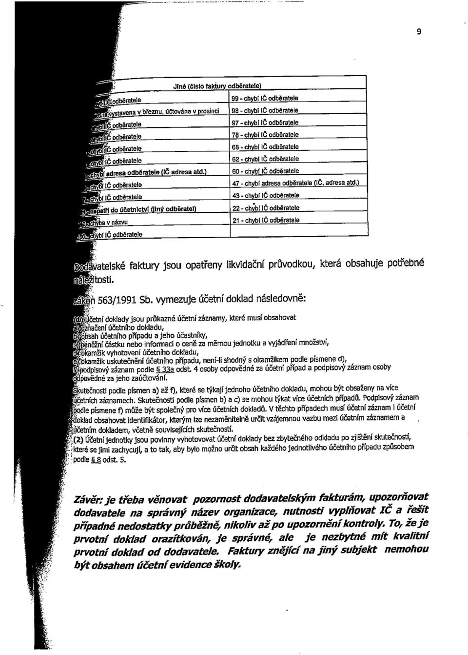 1 do Účetnlctvl (Jiný odběratel) 22- chbl 16 odběratele v názvu 16 odběratele 21 - chybí 16 odběratele 9 Sateiskě fäktury jsou opatřeny JStI. ň 563/1991 Sb.