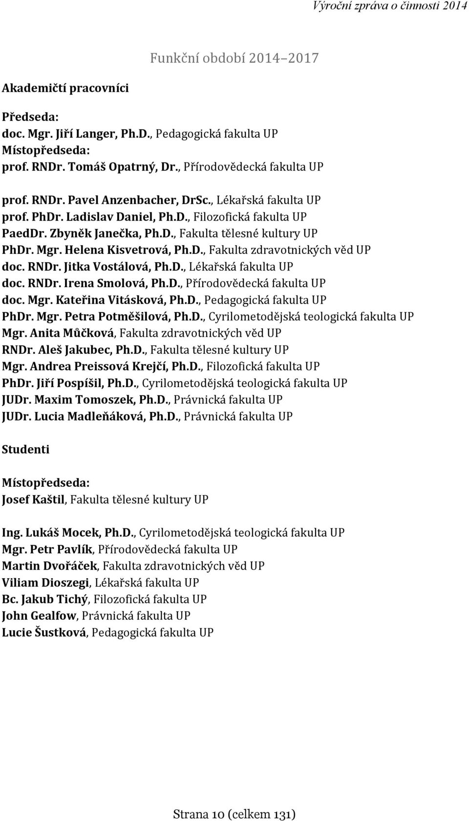 RNDr. Jitka Vostálová, Ph.D., Lékařská fakulta UP doc. RNDr. Irena Smolová, Ph.D., Přírodovědecká fakulta UP doc. Mgr. Kateřina Vitásková, Ph.D., Pedagogická fakulta UP PhDr. Mgr. Petra Potměšilová, Ph.