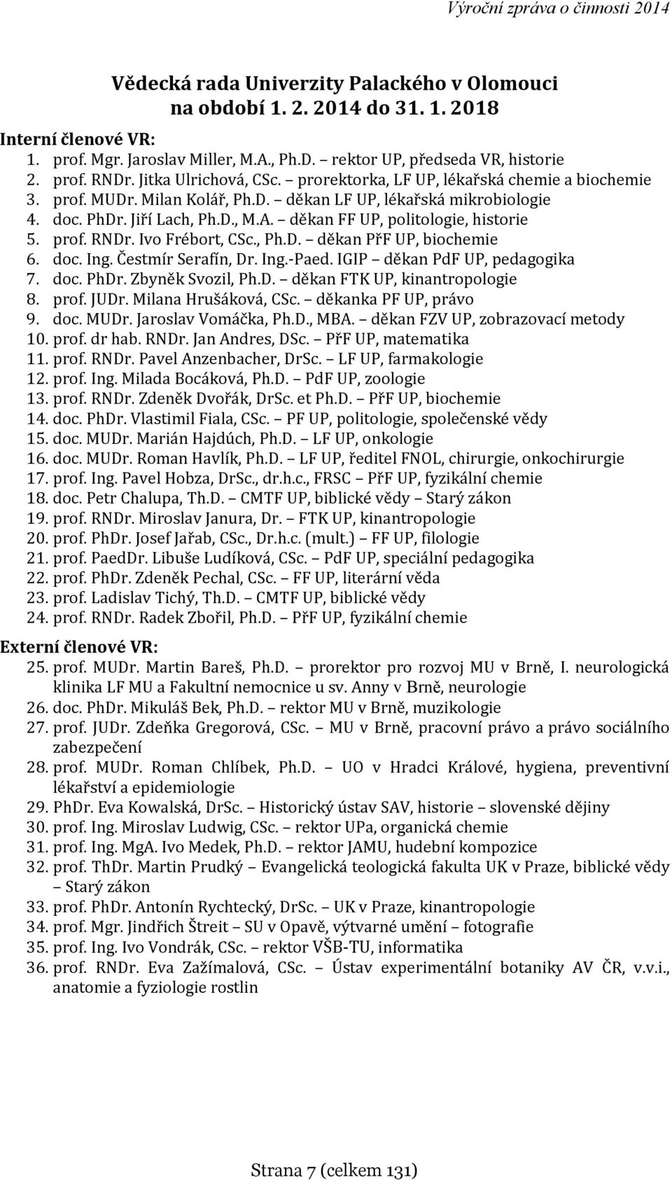 děkan FF UP, politologie, historie 5. prof. RNDr. Ivo Frébort, CSc., Ph.D. děkan PřF UP, biochemie 6. doc. Ing. Čestmír Serafín, Dr. Ing.-Paed. IGIP děkan PdF UP, pedagogika 7. doc. PhDr.