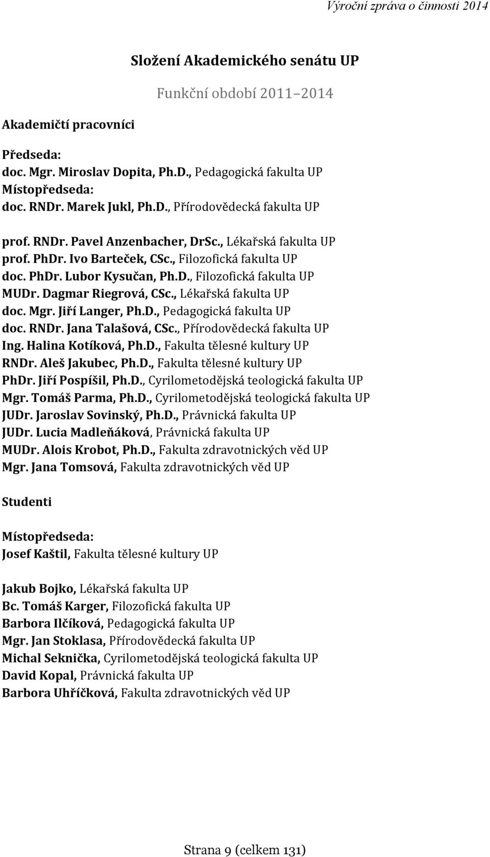 , Lékařská fakulta UP doc. Mgr. Jiří Langer, Ph.D., Pedagogická fakulta UP doc. RNDr. Jana Talašová, CSc., Přírodovědecká fakulta UP Ing. Halina Kotíková, Ph.D., Fakulta tělesné kultury UP RNDr.