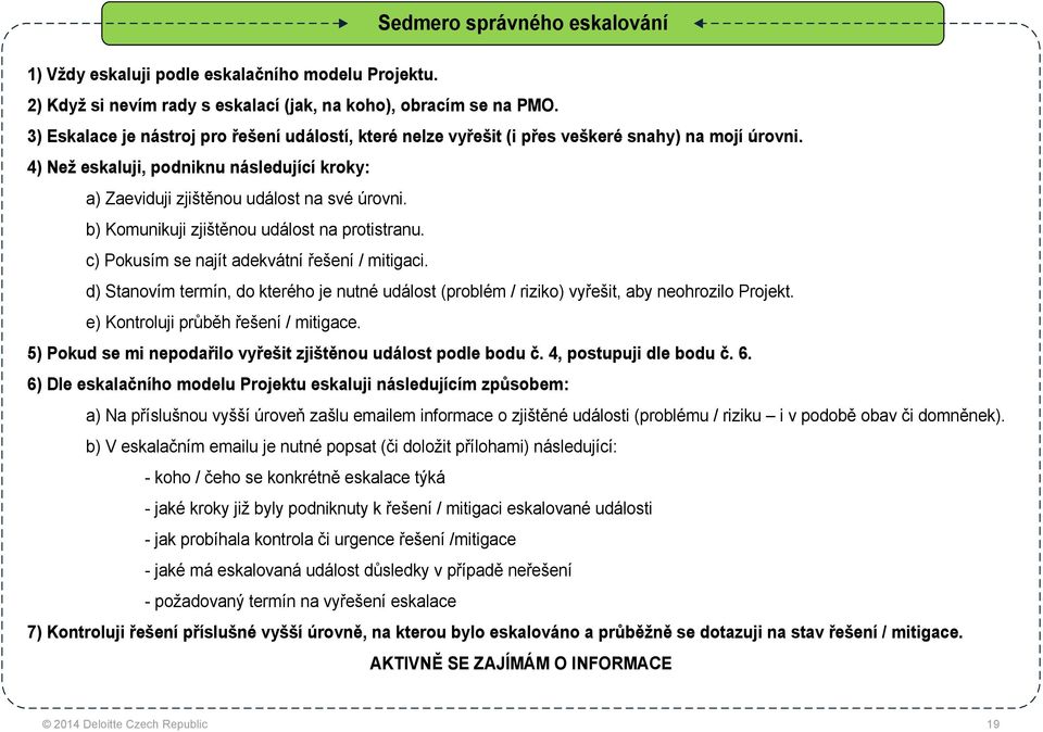 b) Komunikuji zjištěnou událost na protistranu. c) Pokusím se najít adekvátní řešení / mitigaci. d) Stanovím termín, do kterého je nutné událost (problém / riziko) vyřešit, aby neohrozilo Projekt.