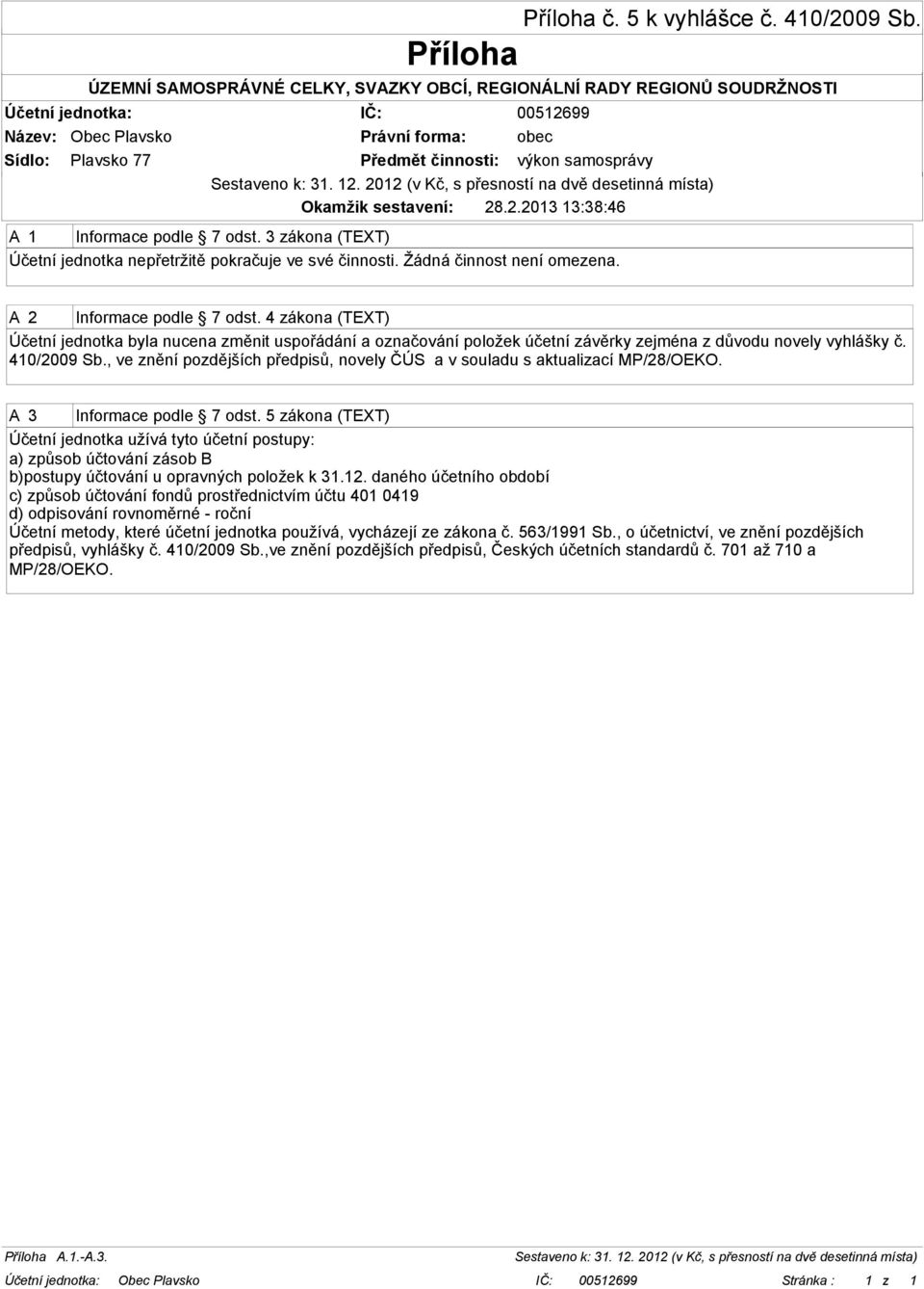 410/2009 Sb., ve znění pozdějších předpisů, novely ČÚS a v souladu s aktualizací MP/28/OEKO. A 3 Informace podle 7 odst.