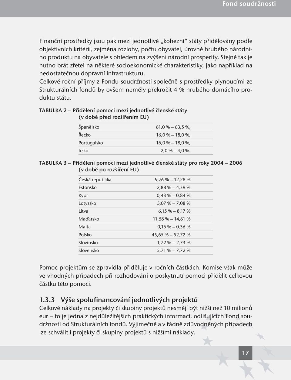 Celkové roční příjmy z Fondu soudržnosti společně s prostředky plynoucími ze Strukturálních fondů by ovšem neměly překročit 4 % hrubého domácího produktu státu.