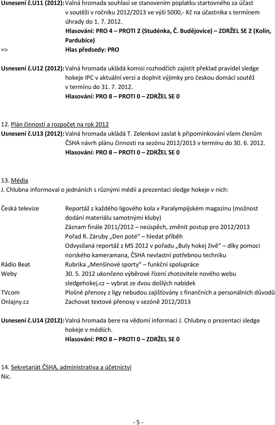 u12 (2012): Valná hromada ukládá komisi rozhodčích zajistit překlad pravidel sledge hokeje IPC v aktuální verzi a doplnit výjimky pro českou domácí soutěž v termínu do 31. 7. 2012. 12.