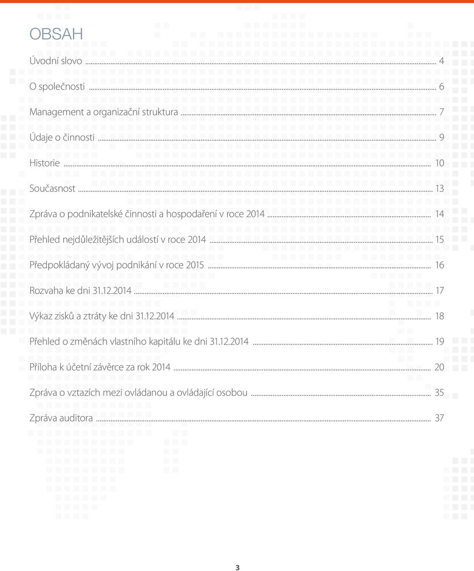 .. 15 Předpokládaný vývoj podnikání v roce 2015... 16 Rozvaha ke dni 31.12.2014... 17 Výkaz zisků a ztráty ke dni 31.12.2014... 18 Přehled o změnách vlastního kapitálu ke dni 31.