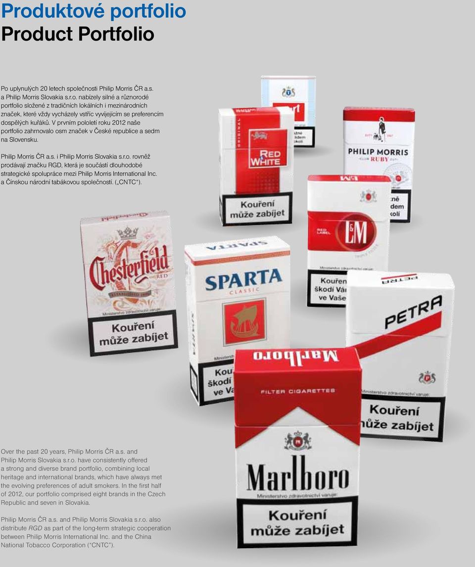 a Čínskou národní tabákovou společností. ( CNTC ). Over the past 20 years, Philip Morris ČR a.s. and Philip Morris Slovakia s.r.o. have consistently offered a strong and diverse brand portfolio, combining local heritage and international brands, which have always met the evolving preferences of adult smokers.