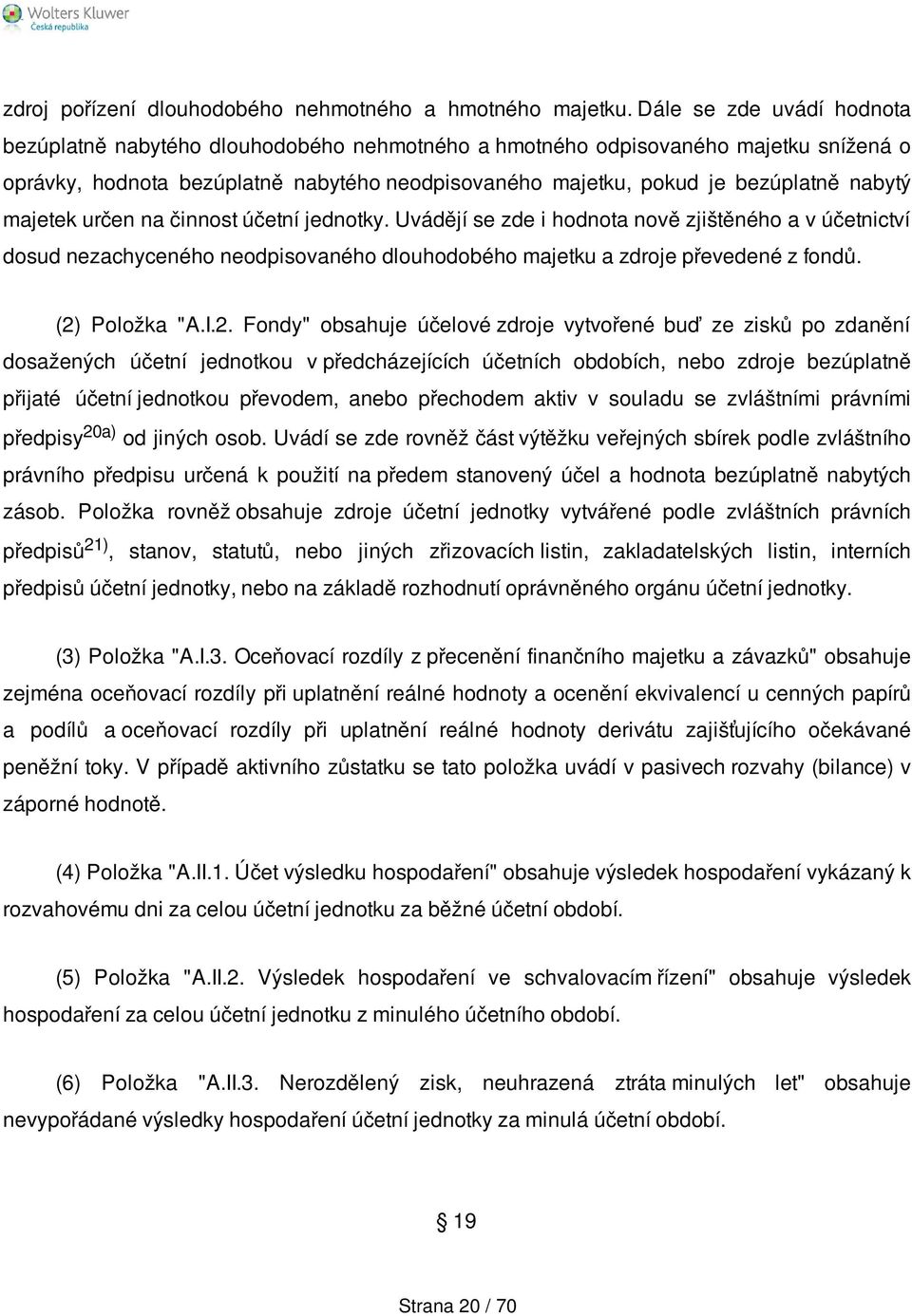 majetek určen na činnost účetní jednotky. Uvádějí se zde i hodnota nově zjištěného a v účetnictví dosud nezachyceného neodpisovaného dlouhodobého majetku a zdroje převedené z fondů. (2) Položka "A.I.