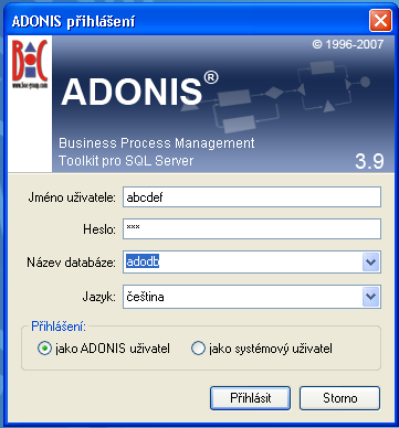 Přihlášení (2) Přihlášení ADONIS-uživatele: 1. Zadejte Jméno uživatele, Heslo, Název databáze a zvolený jazyk 2. Aktivujte výběr Přihlášení jako ADONIS uživatel. 3. Klikněte na Přihlásit.