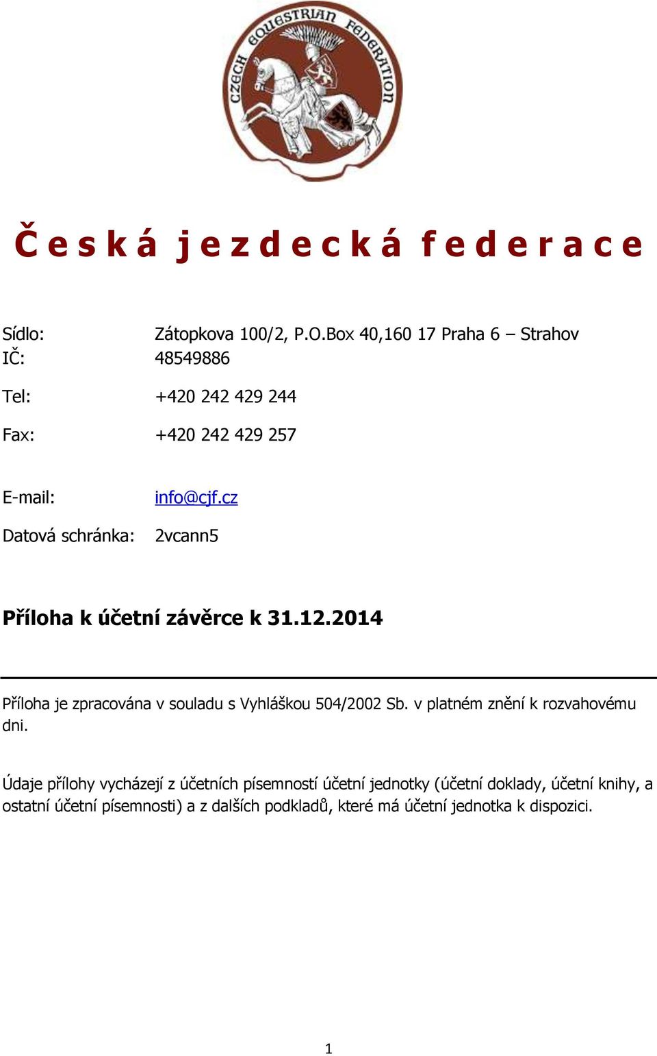 cz 2vcann5 Příloha k účetní závěrce k 31.12.2014 Příloha je zpracována v souladu s Vyhláškou 504/2002 Sb.