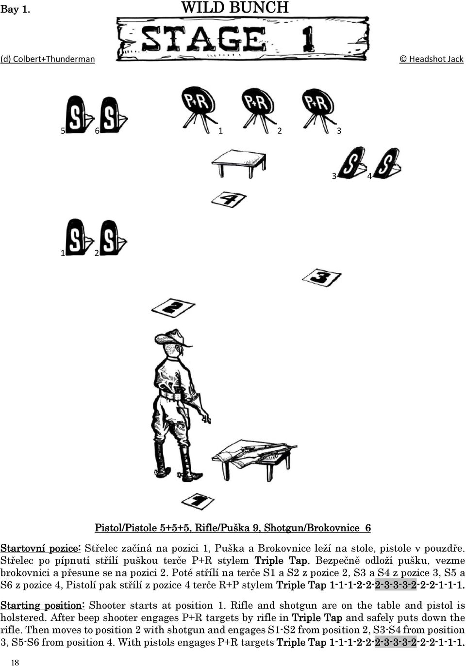 pouzdře. Střelec po pípnutí střílí puškou terče P+R stylem Triple Tap. Bezpečně odloží pušku, vezme brokovnici a přesune se na pozici 2.